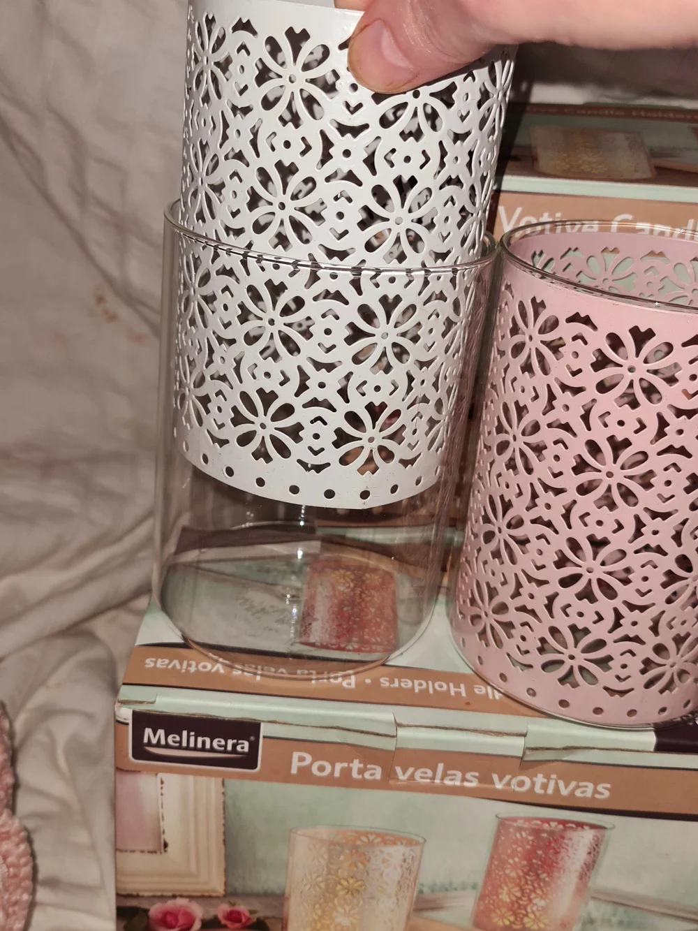 New 4 boxes of 2 Floral Cutout Votive Candle Holders in White and Pink (8 total)